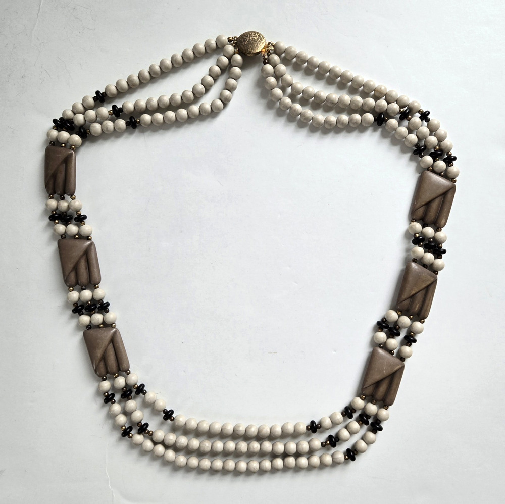 Vintage Statement Necklace Triple Strand Carved Celluloid Art Deco Classic Retro